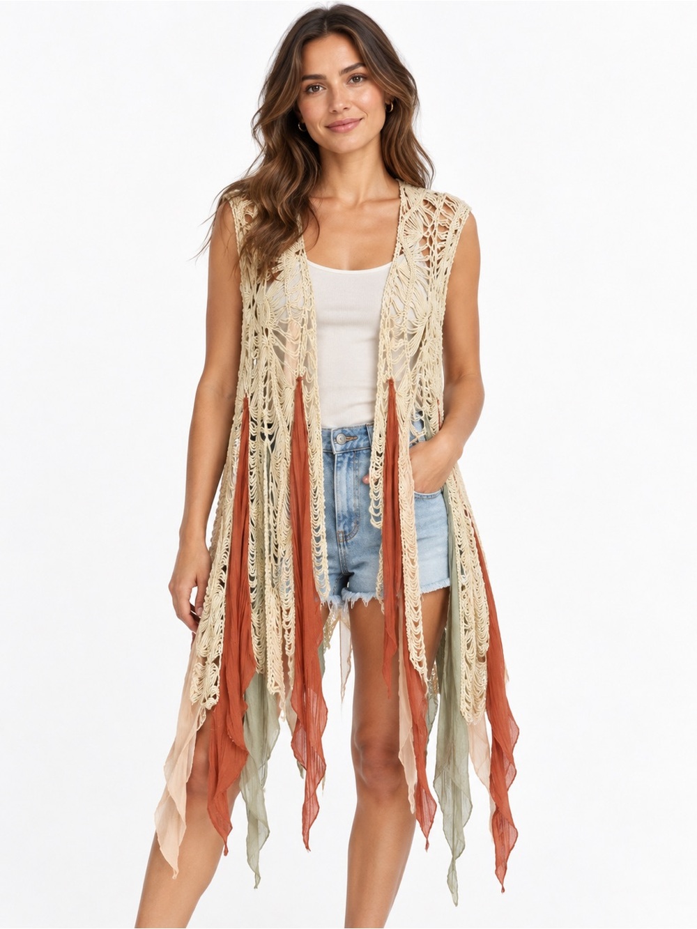 Umgee Crochet Fringe Vest in Cream, Rust & Sage